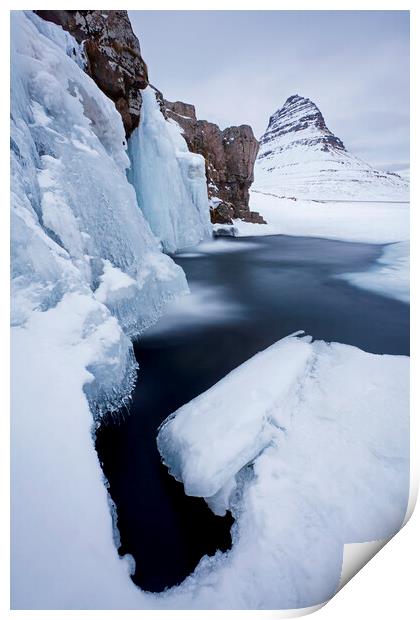 Kirkjufell and Frozen Waterfall in Winter, Iceland Print by Arterra 