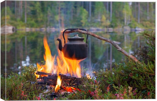 Kettle Boiling Water over Campfire Canvas Print by Arterra 