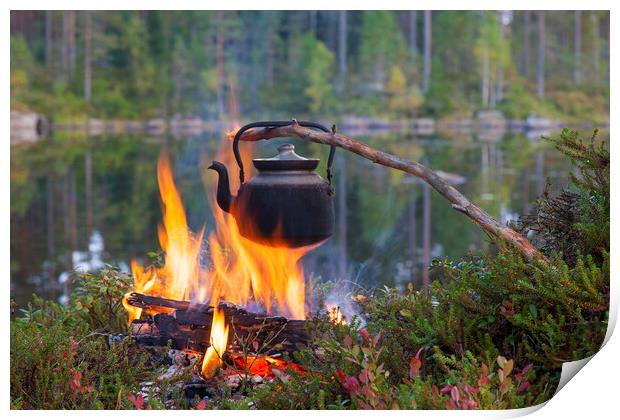 Kettle Boiling Water over Campfire Print by Arterra 