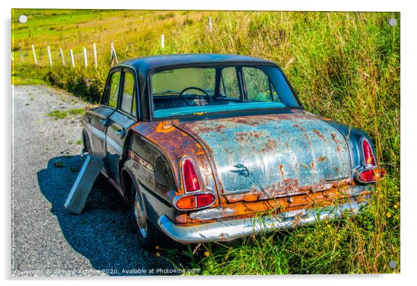 An old vintage car rusting in a Shetland farm Acrylic by Richard Ashbee