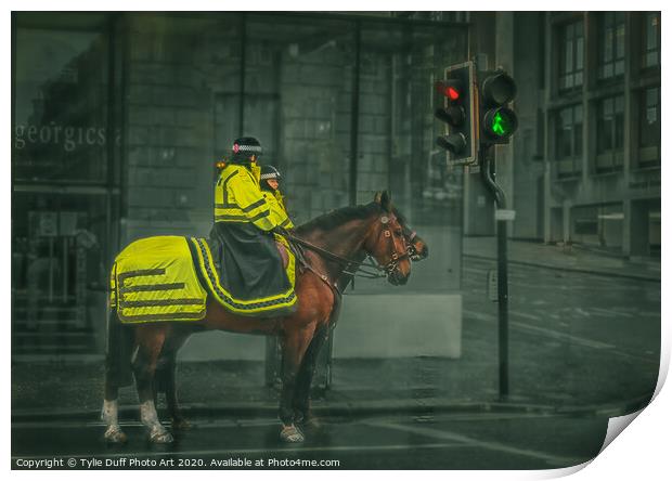 Police Horses At Glasgow Traffic Lights Print by Tylie Duff Photo Art