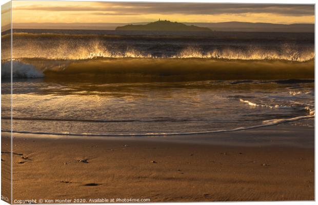 Backlit Beach Wave at Sunrise on Pettycur Beach, K Canvas Print by Ken Hunter