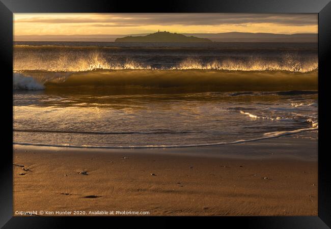 Backlit Beach Wave at Sunrise on Pettycur Beach, K Framed Print by Ken Hunter