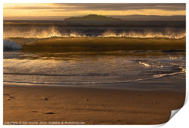 Backlit Beach Wave at Sunrise on Pettycur Beach, K Print by Ken Hunter