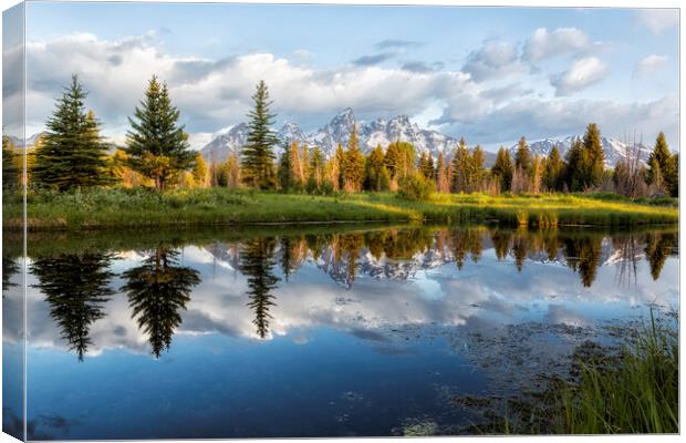 Grand Tetons and Trees Reflected in Snake River at Schwabacher's Landing Canvas Print by Belinda Greb