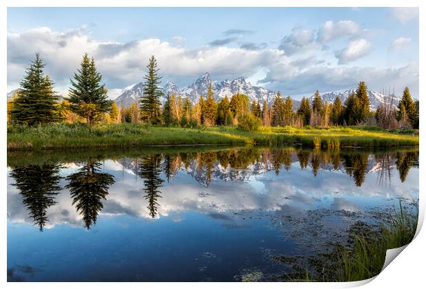 Grand Tetons and Trees Reflected in Snake River at Schwabacher's Landing Print by Belinda Greb