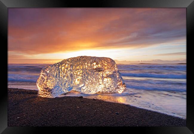 Melting Ice on Beach, Iceland Framed Print by Arterra 