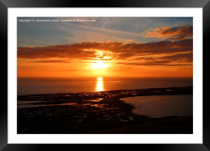 Sky, setting  sun, overlooking the causeway at Rhossilli Framed Mounted Print by Jane Emery