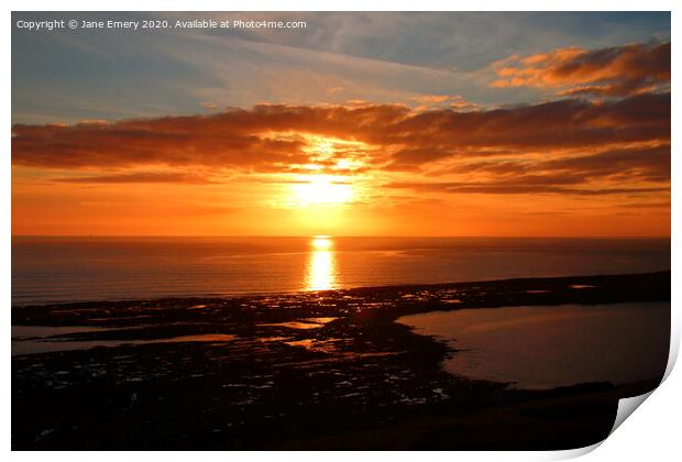 Sky, setting  sun, overlooking the causeway at Rhossilli Print by Jane Emery