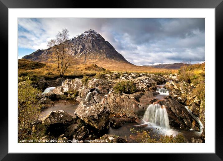 Buachaille Etive Mor with River Coupall waterfalls Framed Mounted Print by Chris Drabble
