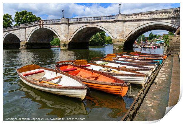 Richmond Bridge and wooden row boats on the River  Print by Milton Cogheil
