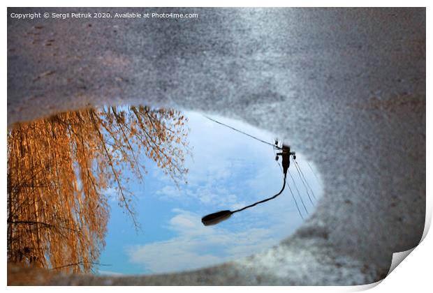 Reflection of the sky, the silhouette of a street lamp and a tree sunlit in a puddle on asphalt. Print by Sergii Petruk