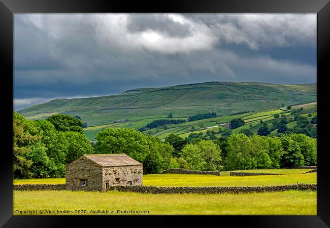Swaledale from Muker with Yorkshire Dales Barn  Framed Print by Nick Jenkins