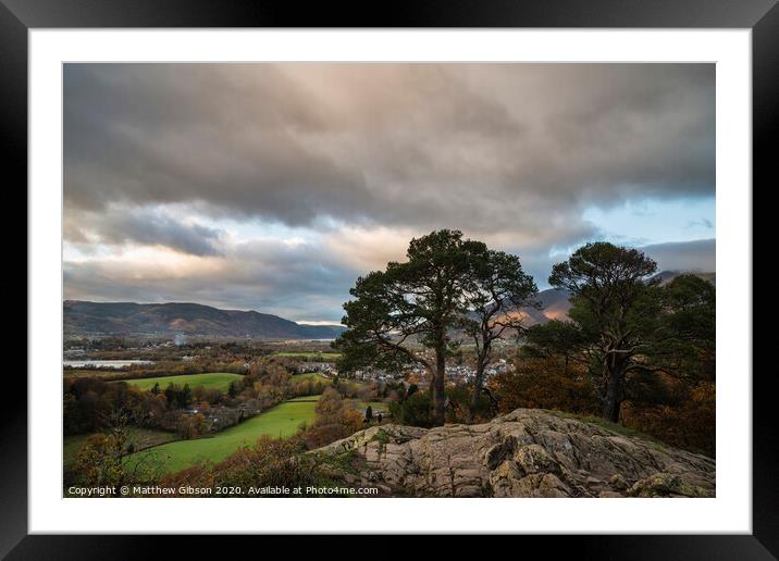 Majestic Autumn Fall landscape image of view from Castlehead in Lake District towards Skiddaw at sunset with beautiful lighting in sky Framed Mounted Print by Matthew Gibson