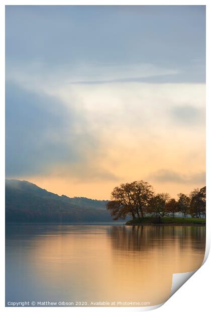 Stuning Autumn Fall sunrise landscape over Coniston Water with mist and wispy clouds Print by Matthew Gibson
