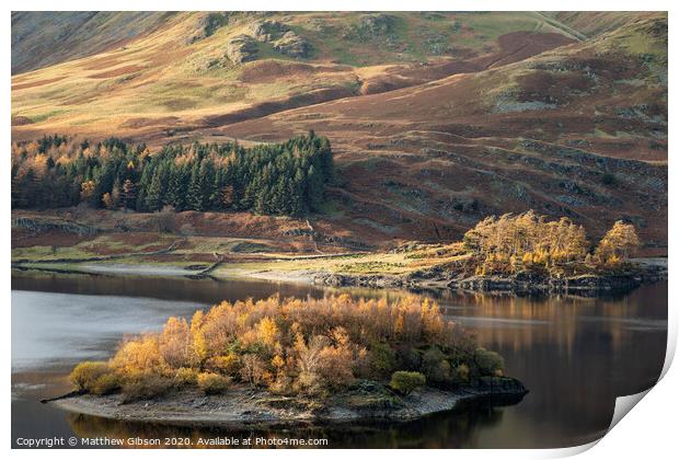 Stunning Autumn Fall landscape of Hawes Water with epic lighting and dramatic sunlight in Lake District Print by Matthew Gibson