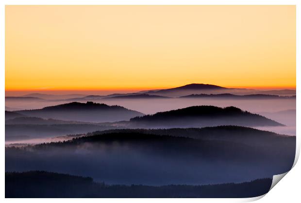 Hills in the Mist at Sunrise Print by Arterra 