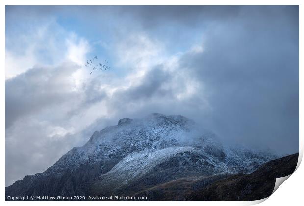 Stunning moody dramatic Winter landscape image of snowcapped Tryfan mountain in Snowdonia with stormy weather brooding overhead with birds flying high above Print by Matthew Gibson