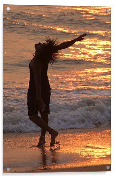 Dancing in the Surf at Sunset, Varkala, Kerala, In Acrylic by Serena Bowles