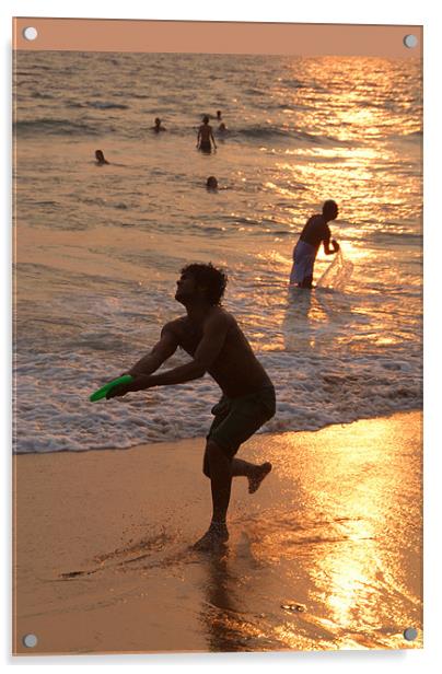 Frisbee Thrower on Varkala Beach at Sunset Acrylic by Serena Bowles