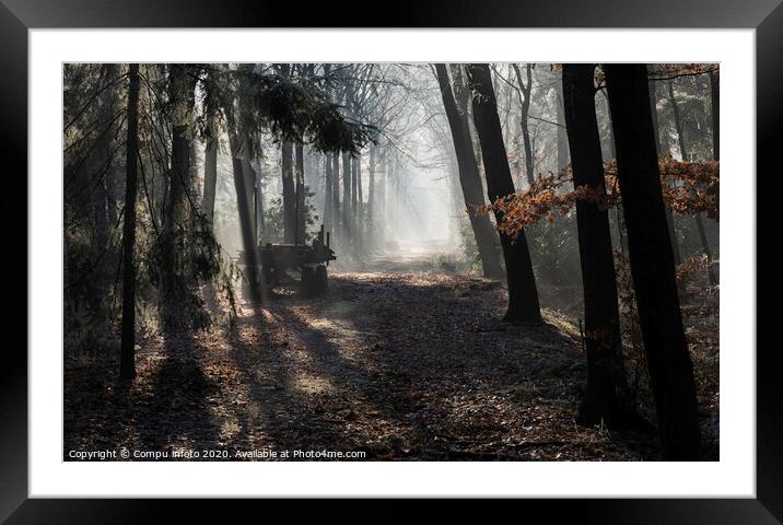 car in forest with sunbeams in winter landscape Framed Mounted Print by Chris Willemsen