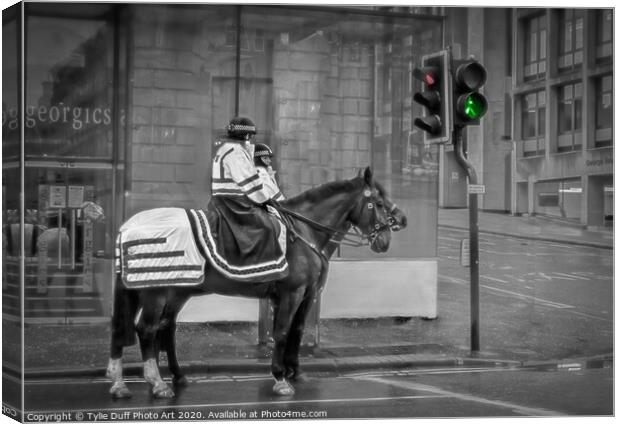 Police Horses At Glasgow Traffic Lights (Spot colo Canvas Print by Tylie Duff Photo Art