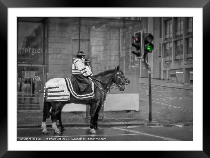 Police Horses At Glasgow Traffic Lights (Spot colo Framed Mounted Print by Tylie Duff Photo Art