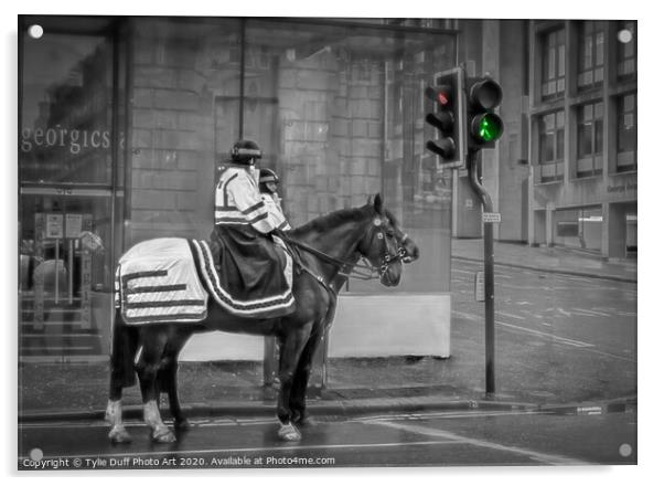 Police Horses At Glasgow Traffic Lights (Spot colo Acrylic by Tylie Duff Photo Art