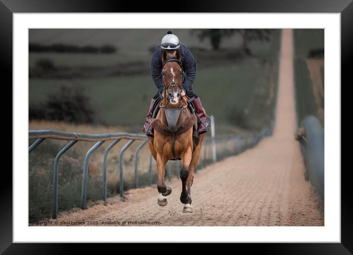 Horse at full speed up a 6 furlong all-weather hil Framed Mounted Print by Paul Tyzack