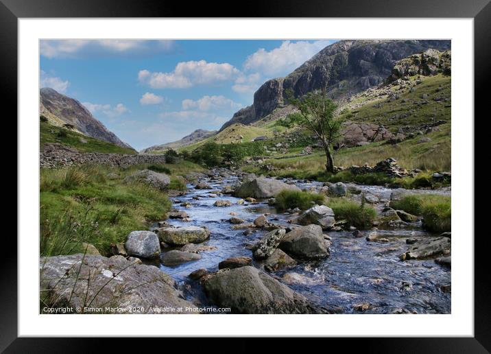 Looking up the river at Capel Curig, Snowdonia Framed Mounted Print by Simon Marlow