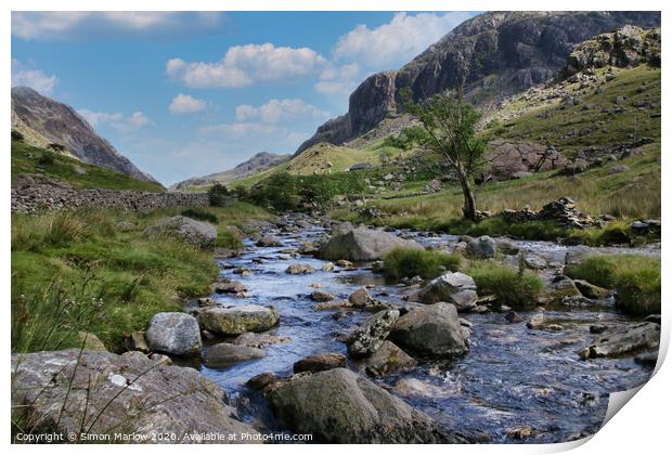 Looking up the river at Capel Curig, Snowdonia Print by Simon Marlow