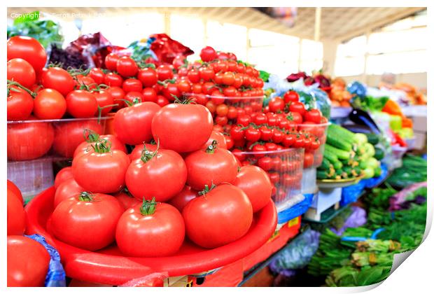 Tomatoes, cucumbers, spinach and other vegetables are sold on the market. Print by Sergii Petruk