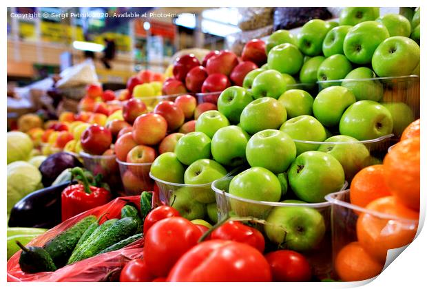 Green, red, yellow apples, fruits and vegetables for sale in the market Print by Sergii Petruk