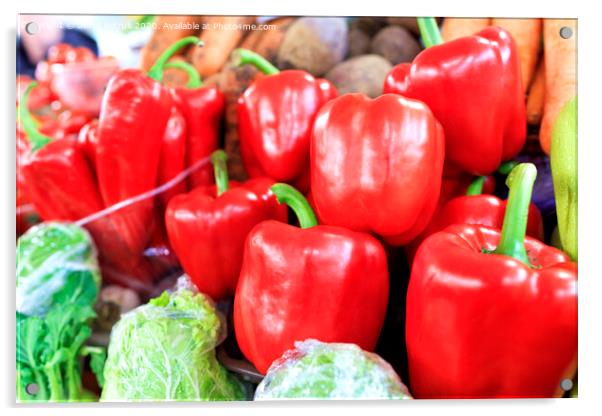 Large red sweet bell peppers on the background of other vegetables sold on the market Acrylic by Sergii Petruk