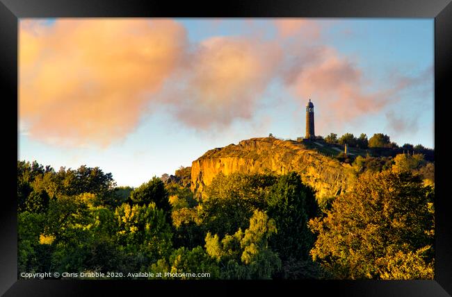 Crich Stand at sunset Framed Print by Chris Drabble