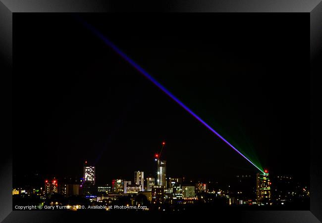 Leeds skyline with Leeds Laser Light Night Framed Print by Gary Turner