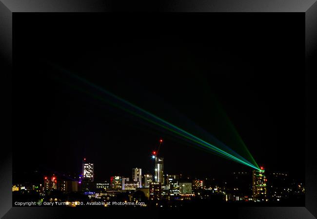 Leeds skyline with Leeds Laser Light Night Framed Print by Gary Turner