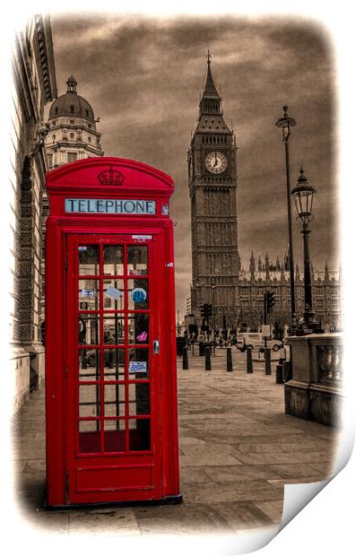 Big Ben with old London red telephone booth Print by Stephen Munn