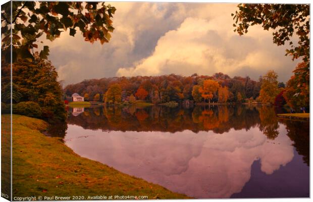 Stourhead Lake in Autumn Canvas Print by Paul Brewer