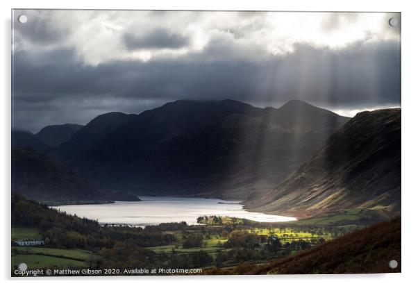 Majestic sun beams light up Crummock Water in epic Autumn Fall landscape image with Mellbreak and Grasmoor  Acrylic by Matthew Gibson