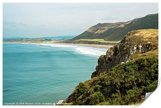 Rhossili Bay at the tip end of the Gower Peninsula Print by Nick Jenkins