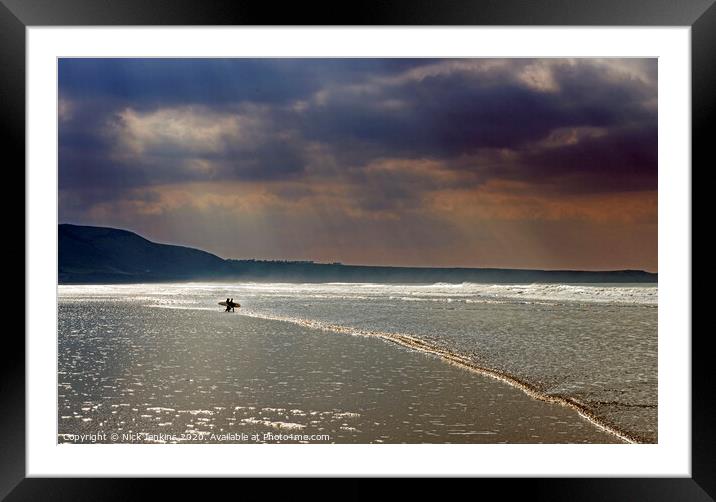Surfers on Rhossili Beach in Winter Gower Framed Mounted Print by Nick Jenkins