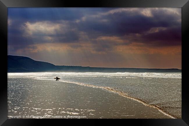 Surfers on Rhossili Beach in Winter Gower Framed Print by Nick Jenkins