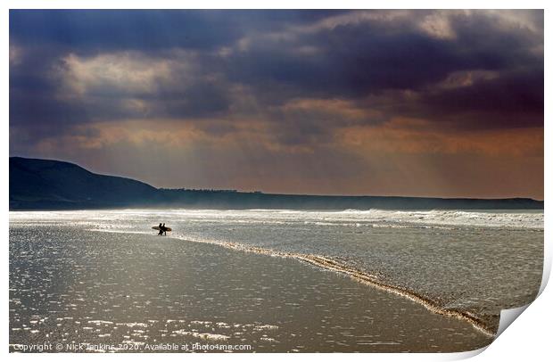 Surfers on Rhossili Beach in Winter Gower Print by Nick Jenkins