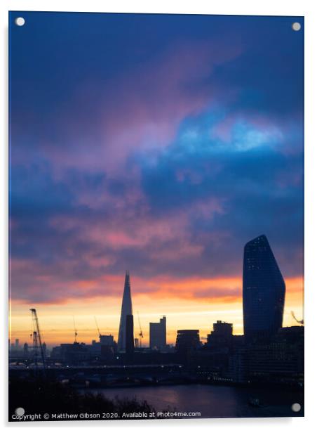 Epic dawn sunrise landscape cityscape over London city sykline looking East along River Thames Acrylic by Matthew Gibson