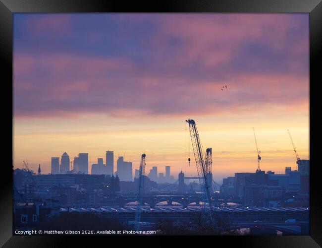 Epic dawn sunrise landscape cityscape over London city sykline looking East along River Thames Framed Print by Matthew Gibson