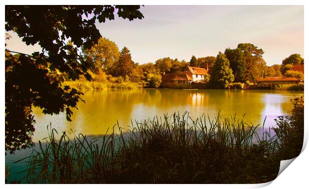 The Country House across the lake. Sussex Print by Beryl Curran