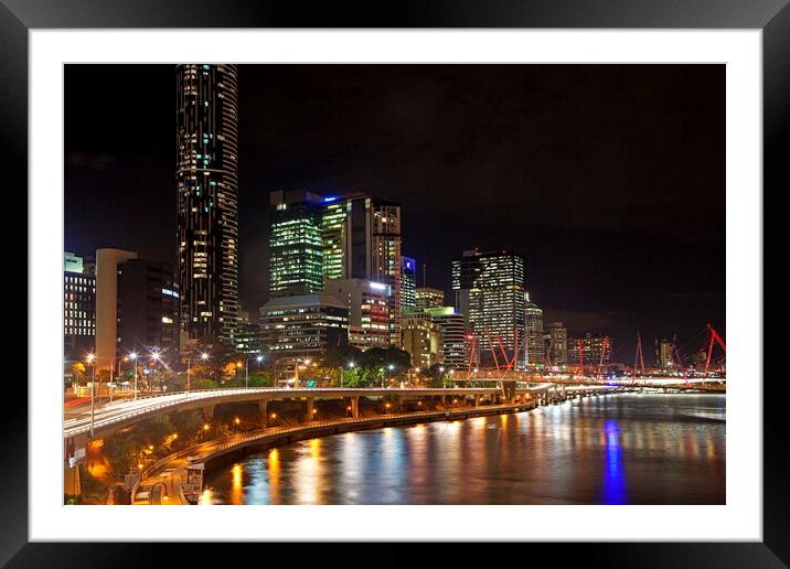 Skyline of Brisbane at Night, Australia Framed Mounted Print by Arterra 