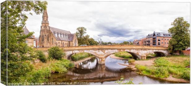 Morpeth St Georges reform church, over looking Wansbeck river and Telford Bridge  Canvas Print by Holly Burgess