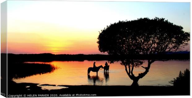Sunset at Kenfig Pool with visiting horses Canvas Print by HELEN PARKER